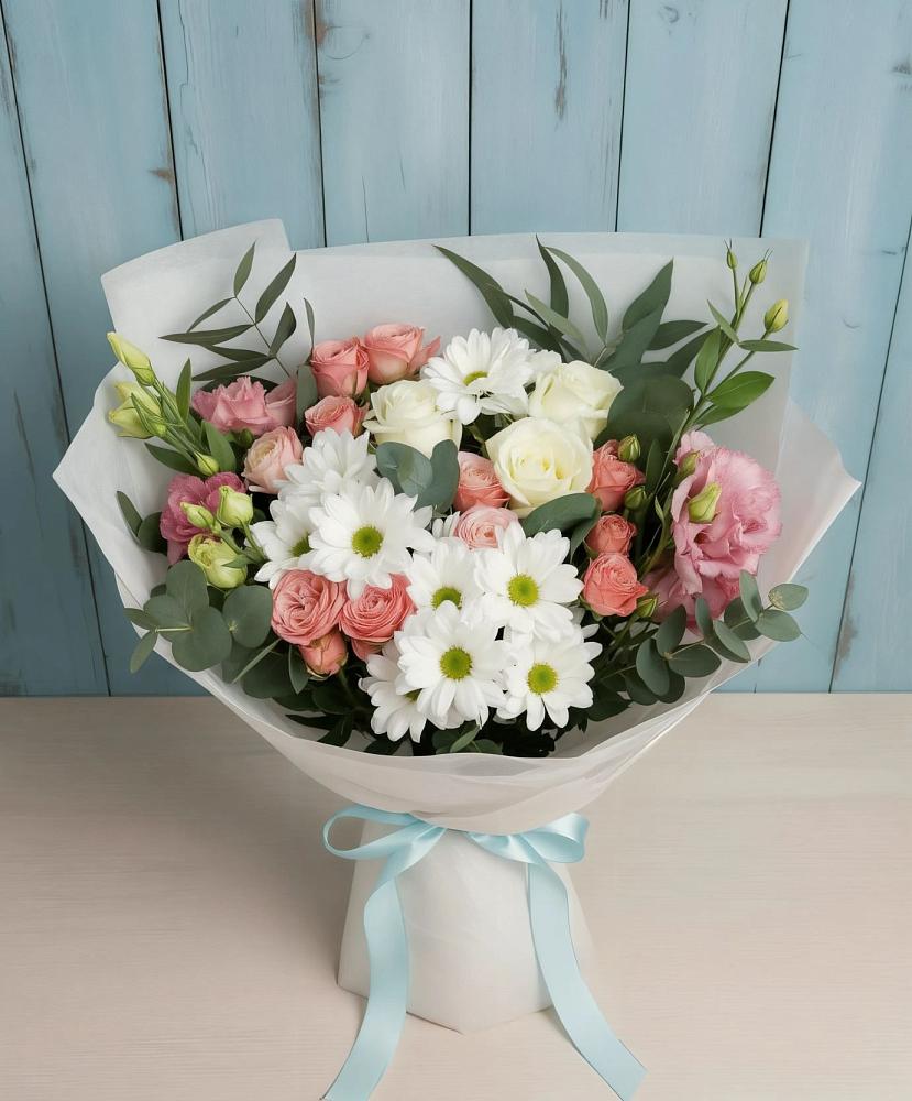Букет цветов из: Розы, Лизиантусы и Хризантемы в Дербетовке