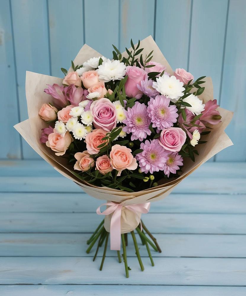 Букет цветов из: Хризантемы, Розы и Альстромерии в Дербетовке