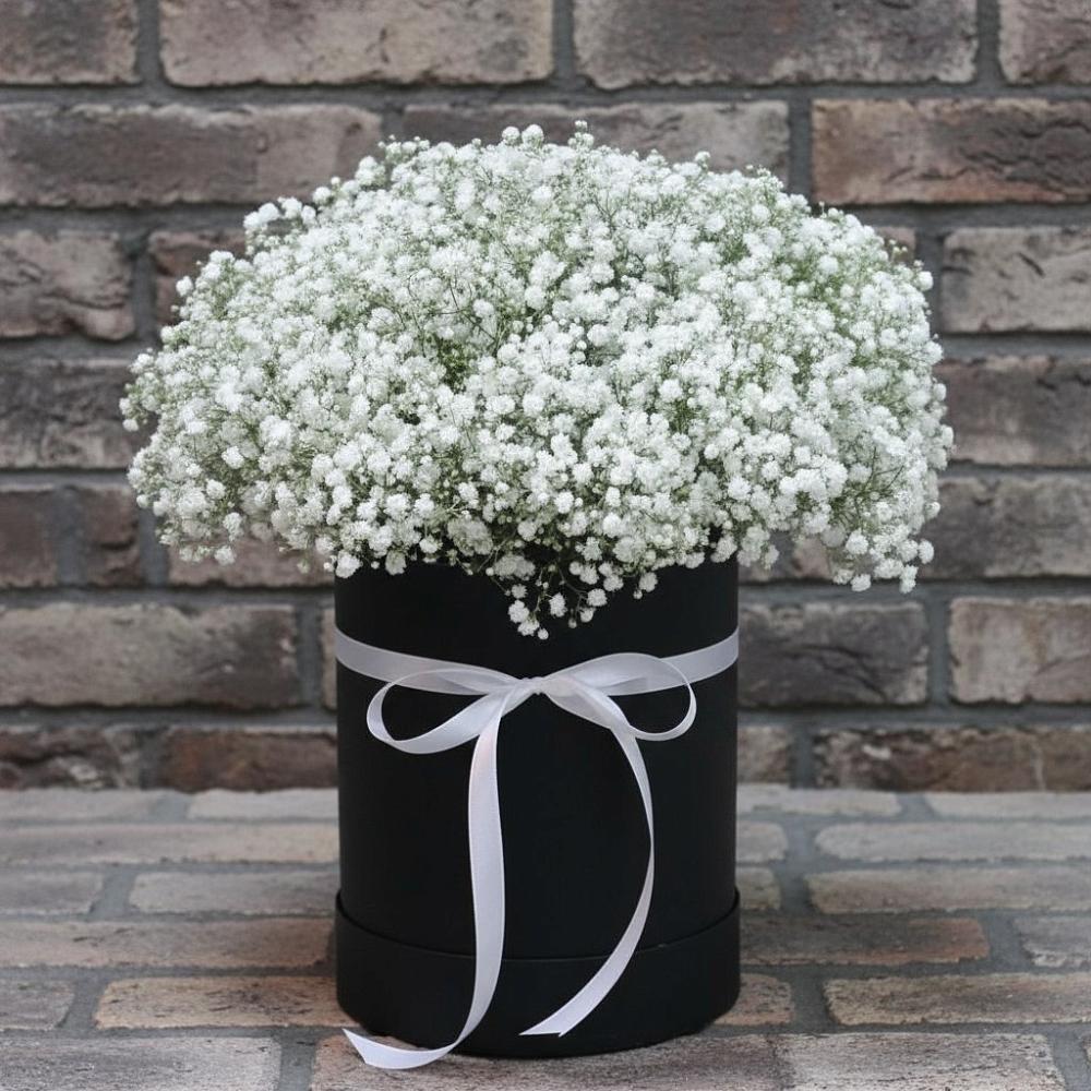 Цветочная композиция из Гипсофила в шляпной коробке в Дербетовке