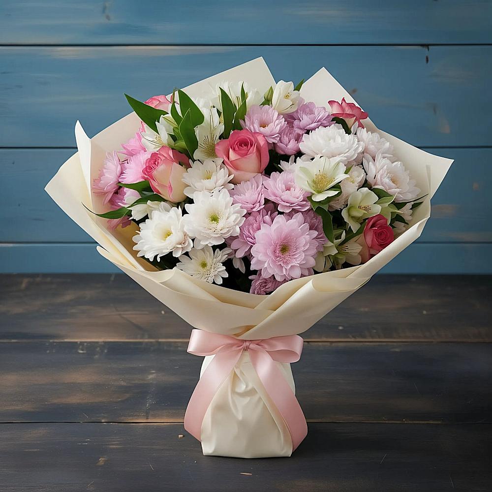 Букет цветов из: Хризантемы, Альстромерии и Розы в Дербетовке